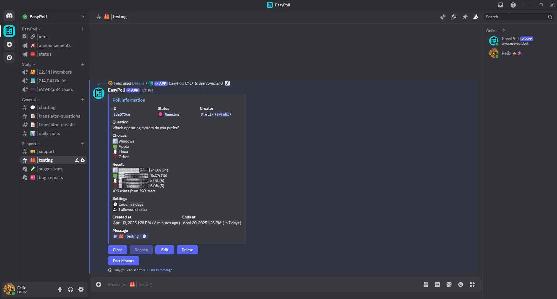 Full poll overview with live details and results